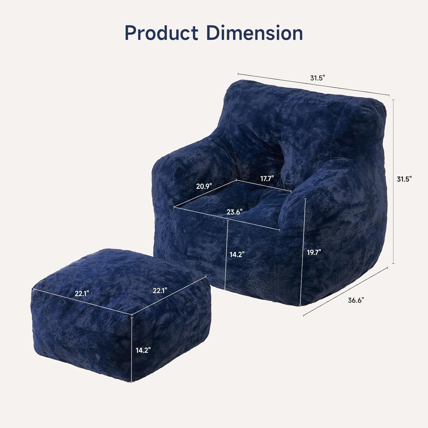 Giant Bean Bag Chairs for Adults with Ottoman, Faux Fur Boneless Chaise Couch Filler with Memory Foam,Large BeanBag Lounge Lazy Floor Sofa Accent Chair for Living Room,Bedroom & Game Rooms