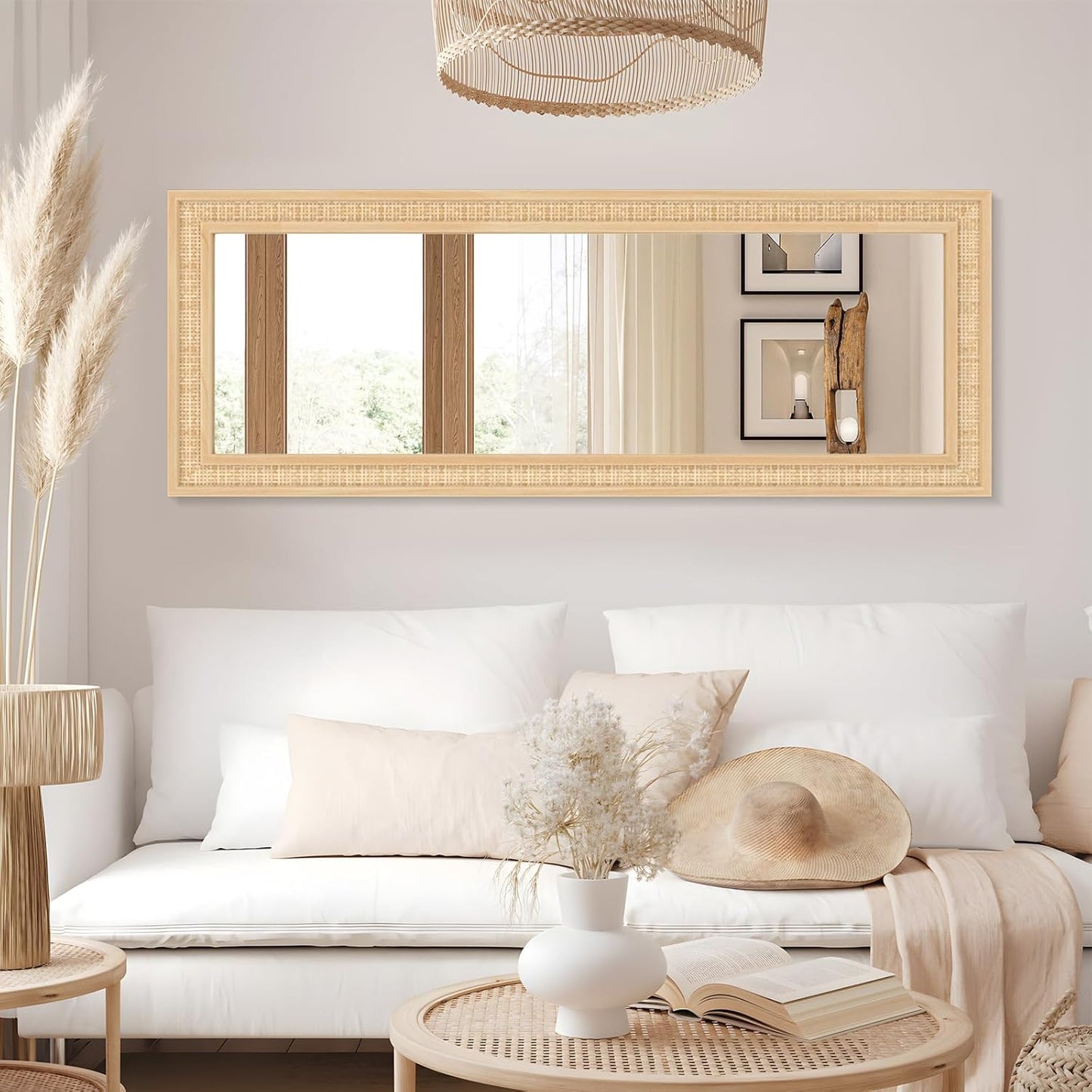 Rattan Wall Mirror with Wooden Framed 18 X 48 inch Farmhouse Rectangle Wood Mirror for Modern Decorative Bathroom, Living Room, Entryway, Bedroom