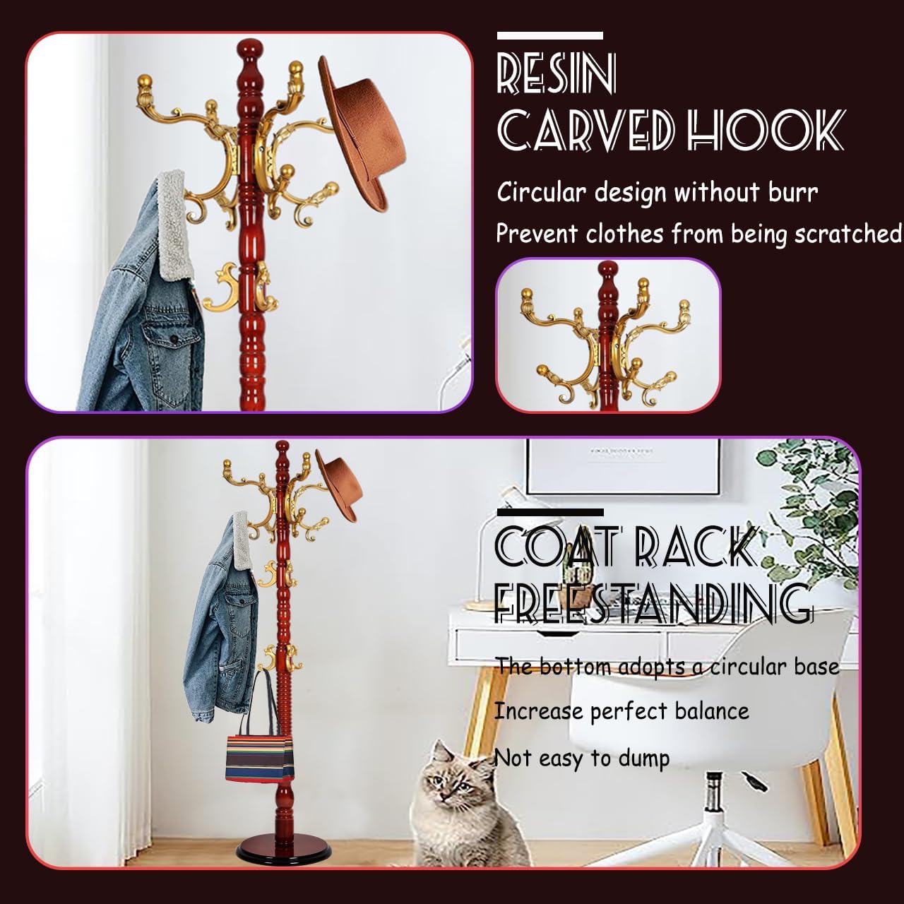 73 in Wood Coat Rack, Coat Rack Freestanding with Stable Round Base, Adjustable Height Tree Coat Racks Stand for Home Bedroom Office Hallway Entryway (Haitang color)