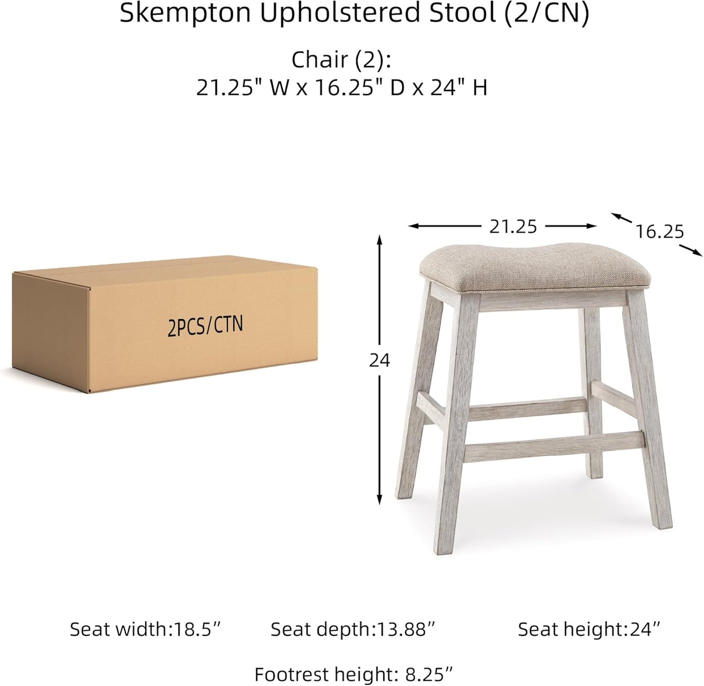 Signature Design by Ashley Skempton Modern 24" Counter Height Upholstered Barstool, 2 Count, Whitewash