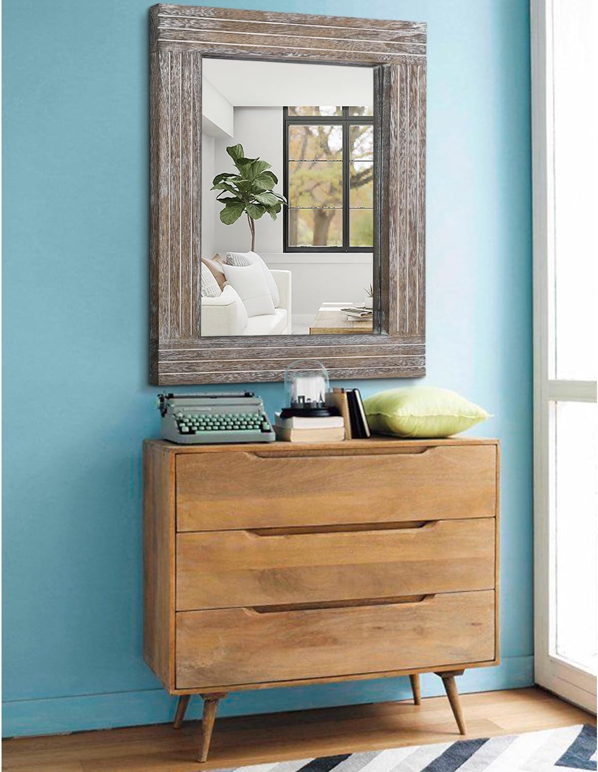 Wall Mirror Rustic Wooden Frame Rectangle Mirror Vintage Hanging Mirror for Bedroom Bathroom Living Room Farmhouse Wall Decor Large 26" x 18"