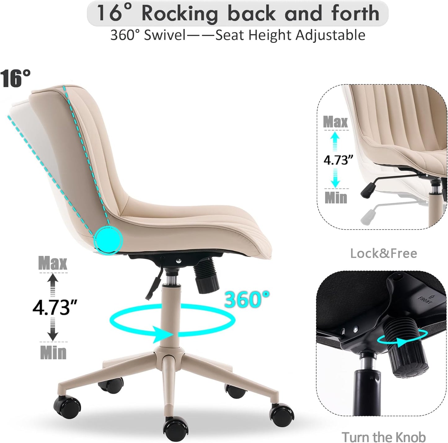 YOUNIKE Cream Home Office Desk Chair with Wheels Armless Compact Comfy Vanity Chair with Adjustable Back Modern Small Leather Upholstered Rolling Swivel Cute Computer Task Sewing Chair No Arms