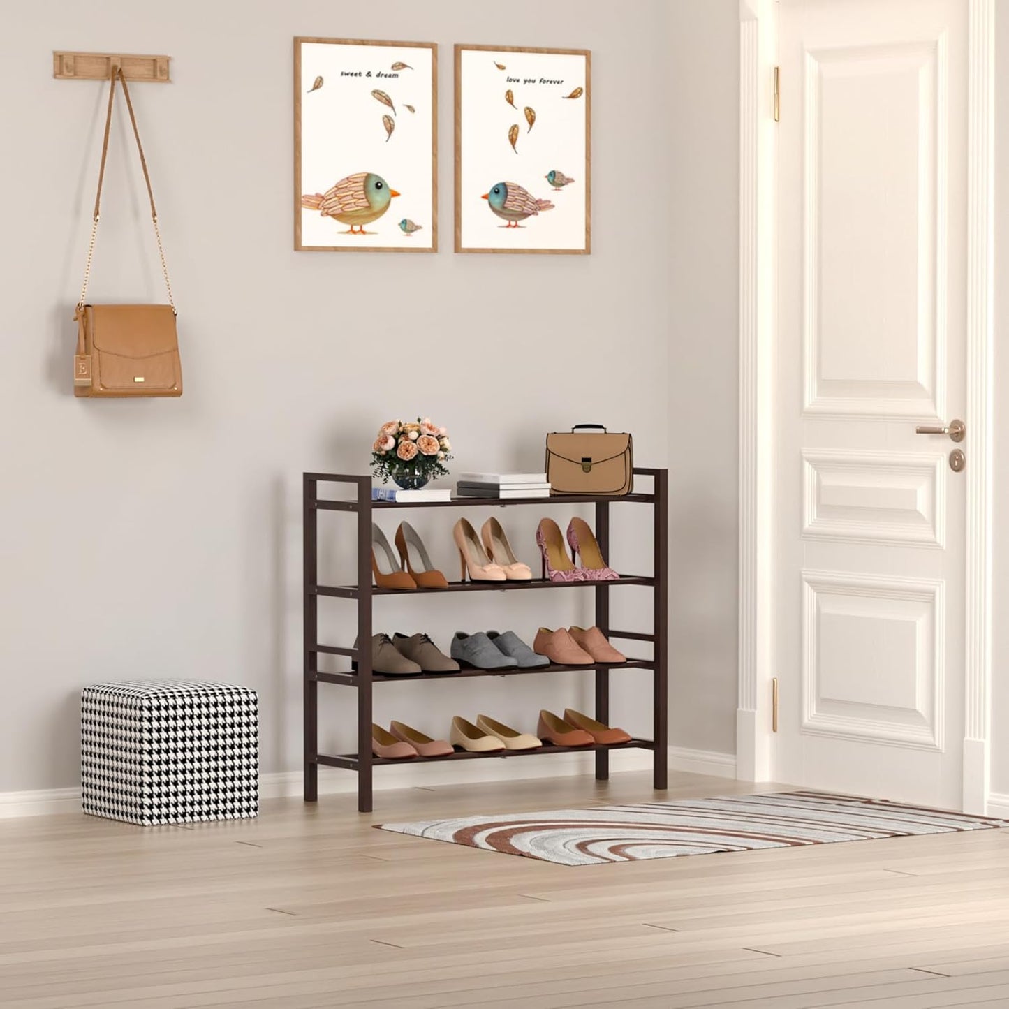 Haddockway Bamboo Shoe Rack for Closet, Free Standing Shoe Organizer with Smooth Round Rods & Convenient Handles, Stackable Shoe Storage Shelf for Entryway, Hallway(Brown, 4-Tier)