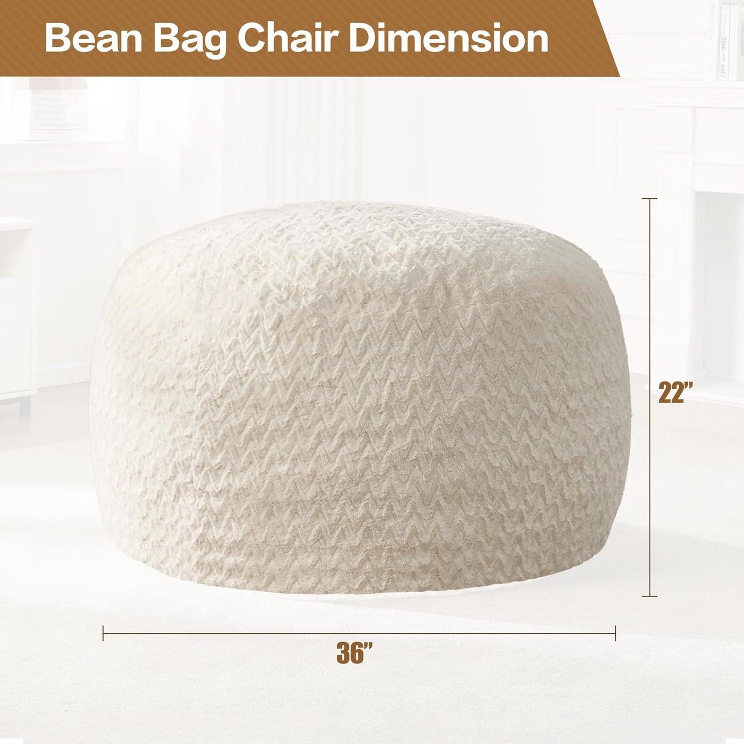 Hobestluk 3ft Bean Bag Chairs for Adults Large Beanbag Chair with Chevron Plush Fur Cover Big Bean Bag Chair for Living Room Bedroom Dorm Office - White (36” x 36” x 22”)