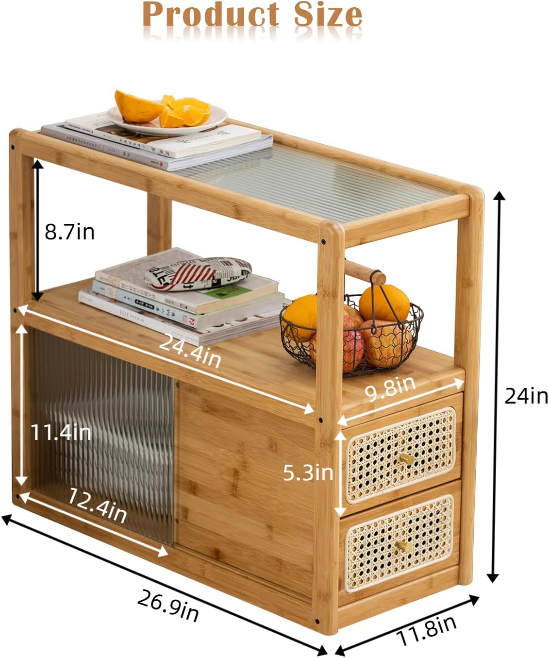 Bamboo Side Table Nightstand with Rattan Drawer & Glass Top – Multi-Function End Table, Nightstands with Storage for Bedroom, Living Room, and Small Spaces, Nature