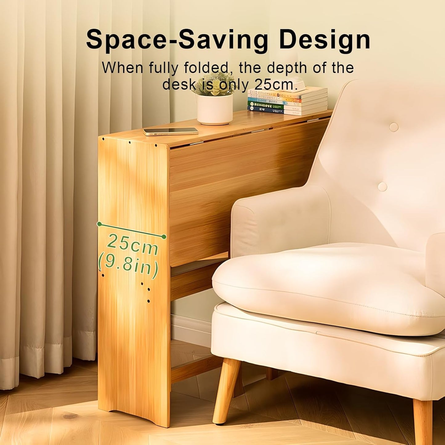 Folding Desk with Bookshelf, 40.6 Inch Computer Table Space Saving, Small Foldable Student Writing Desk for Home Bedroom Study Office Bamboo Wooden Workstation, Wood Color (41×21IN)