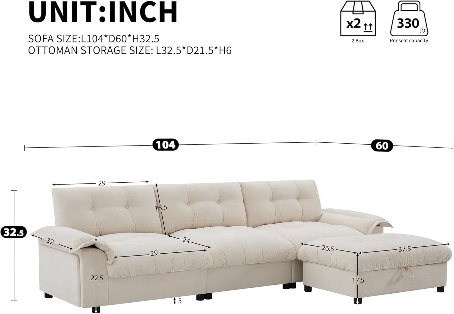 Mreax L-Shape Sectional Sofa with Movable Storage Ottoman and Multifunctional Armrest, 4 Seater Oversized Chenille Upholstered Cloud Couch for Living Room, Apartment, Unique Tufted Design, Beige