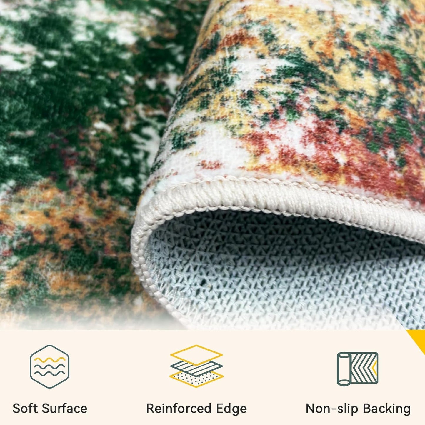 Washable Area Rugs 5'x7' Non-Slip Modern Abstract Soft for Living Room Entryway Bedroom Nursery, Print Pattern, Green Orange Rust Red Cream Colorful