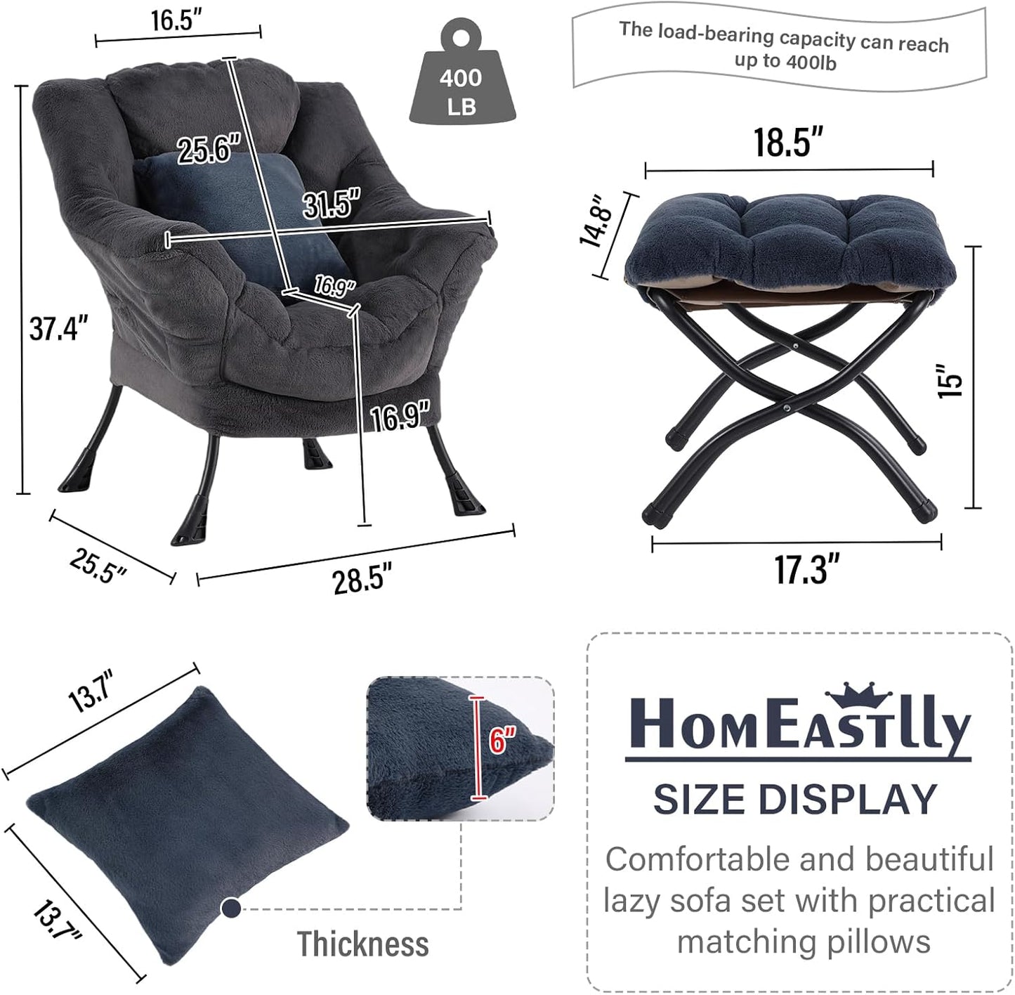 Lazy Chair with Ottoman, Reading Chair with a Pillow, Leisure Sofa Armchair with Ottoman, Large Accent Lounge Chair for Bedroom, Living Room, Dorm Room, Plush Blue-Gray