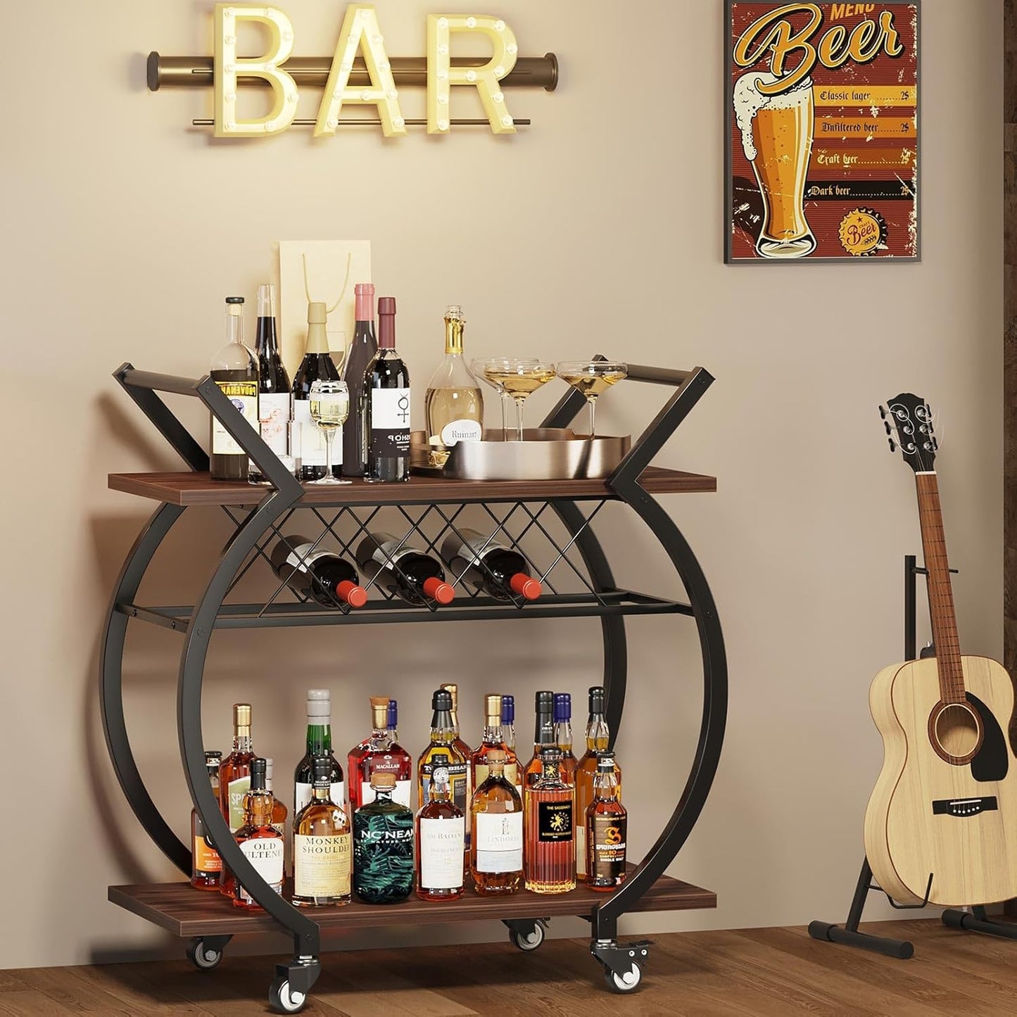 LVB Modern Gold Bar Cart, Industrial Rolling Serving Wine Cart with Wine Rack, Coffee Liquor Drink Cart with Storage and Wheels, Wood and Metal Kitchen Microwave Beverage Cart for Home, Walnut