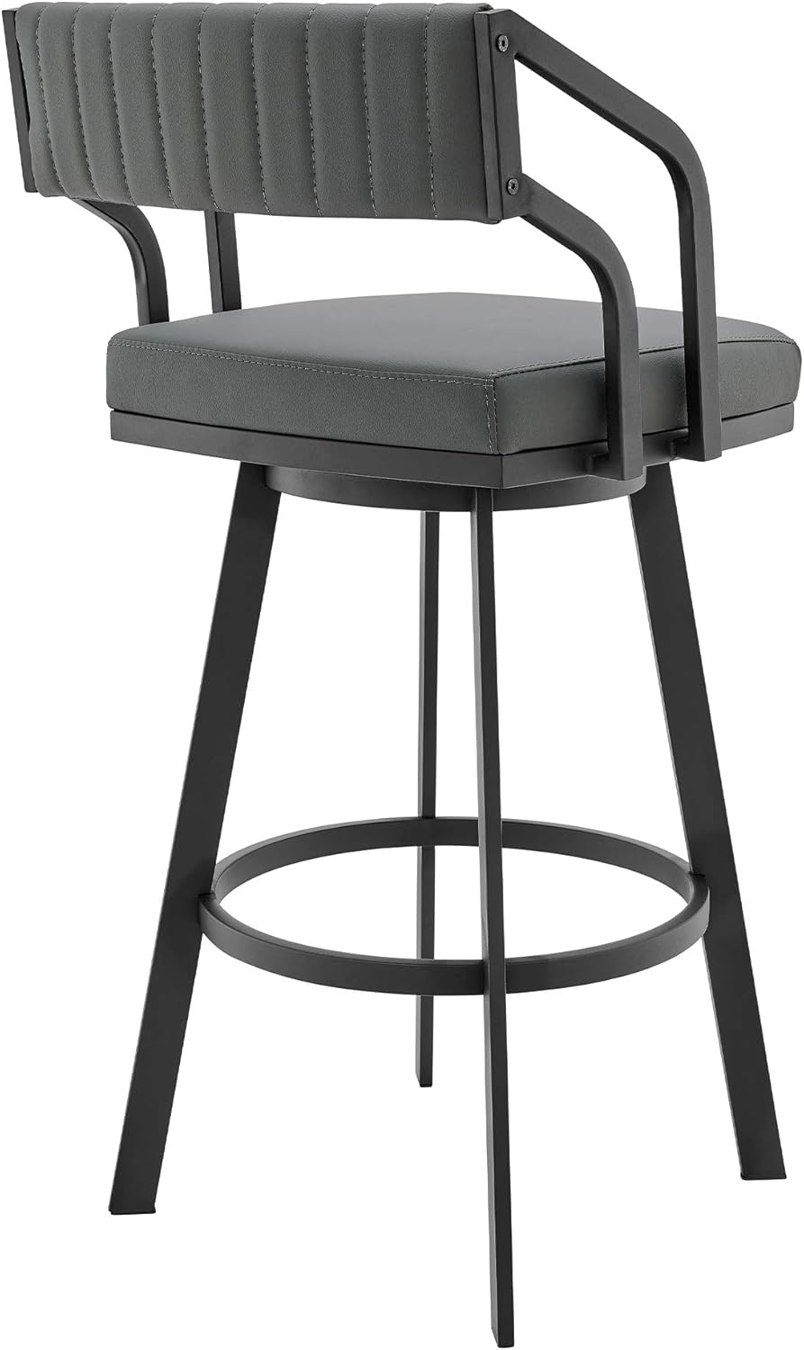 Armen Living Capri Modern 26" Seat Height Gray Faux Leather and Black Stainless Steel Metal Swivel Bar Stool for Kitchen Island Counter