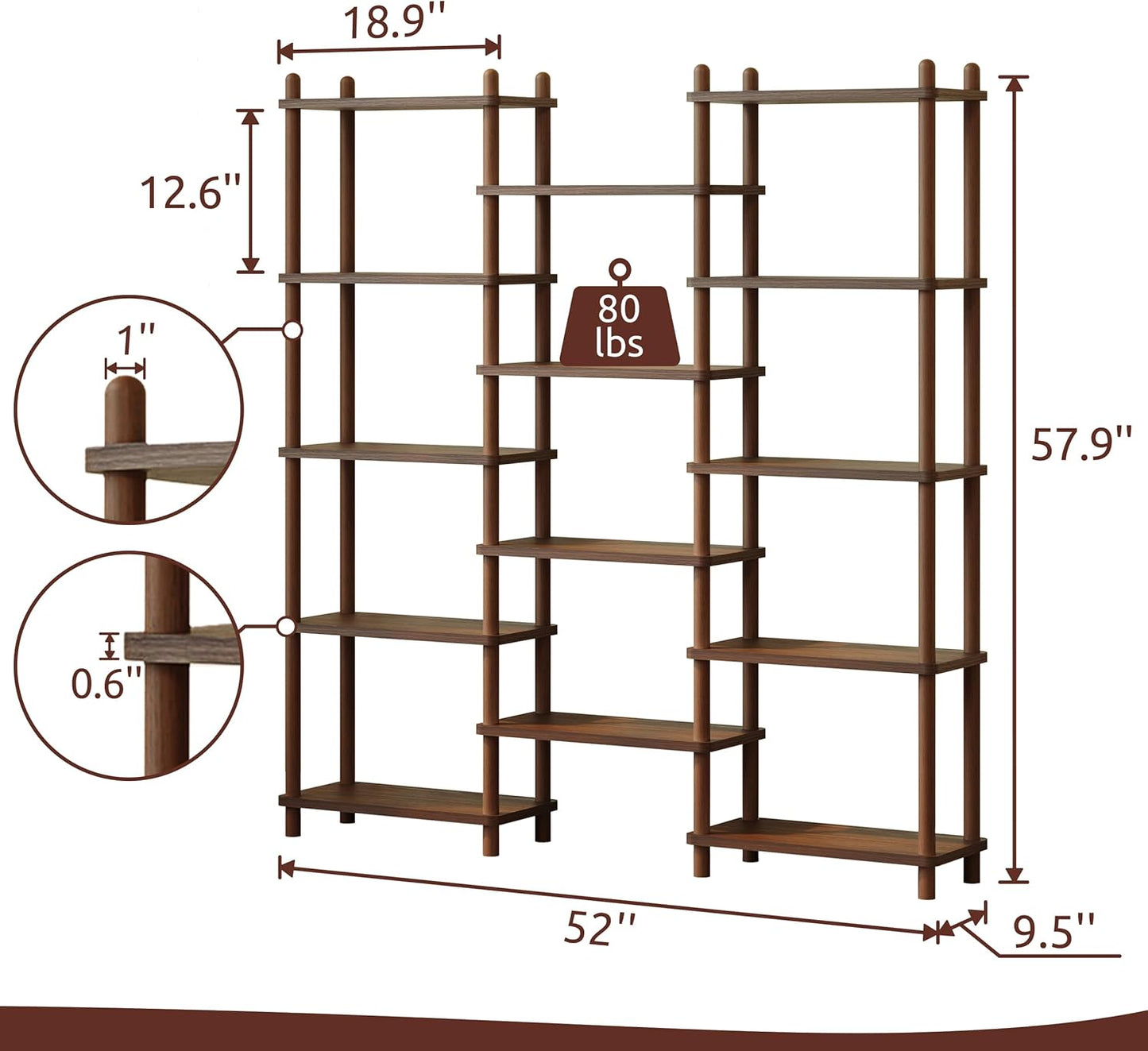 IOTXY Wooden Triple Wide Bookshelf - 5-Tier Large Shelf Bookcase with Solid Beech Frame, Tall Freestanding Open Etagere Display Rack for Home Office, Walnut