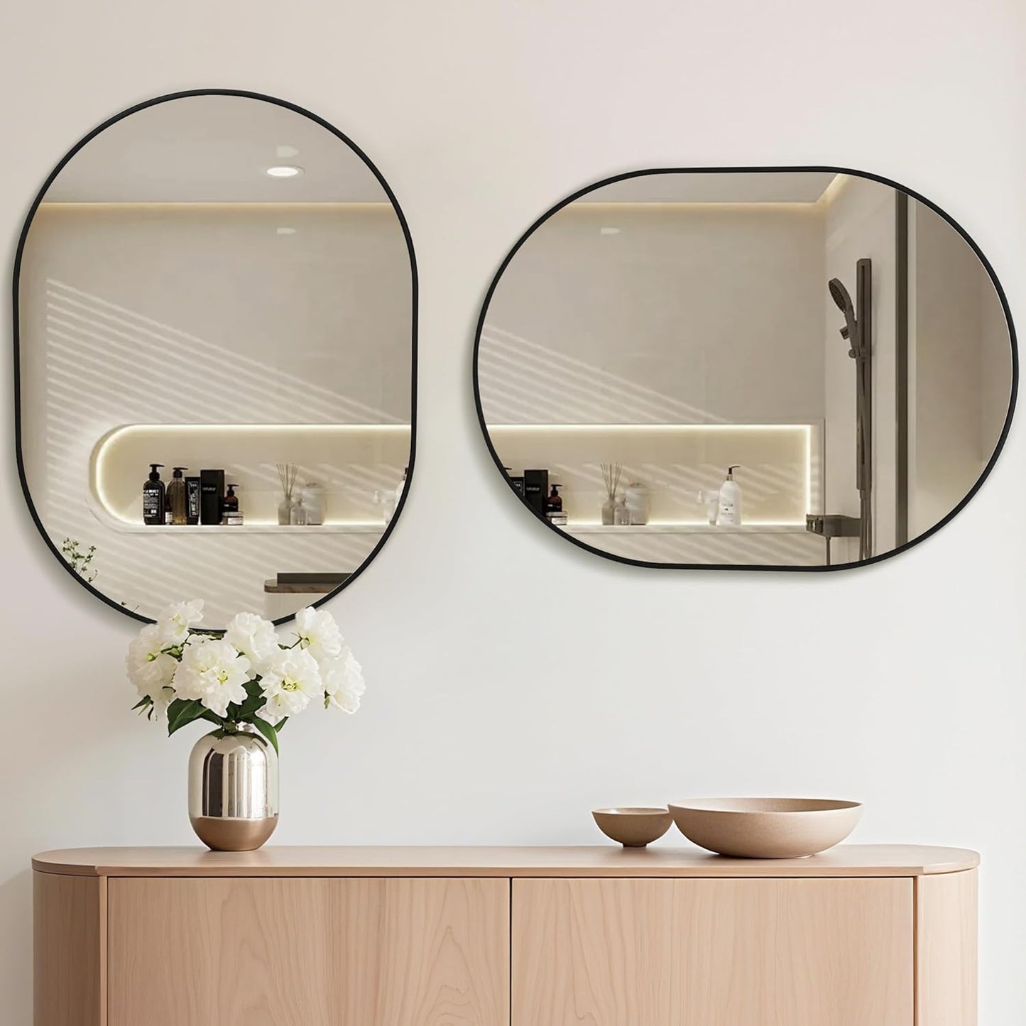 Oval Bathroom Mirror 24x36 Inch, Pill-Shaped Black Framed Wood Wall Mirrors with Tempered Glass for Bedroom,Entryway or Living Room