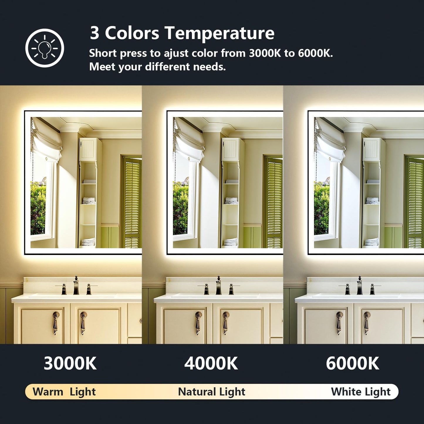 72x40 Inch LED Bathroom Mirror with Lights (Front Lit and Backlit) Black Framed Lighted Vanity Mirror for Bathroom Wall Dimmable Anti-Fog Memory Tempered Glass Horizontal/Vertical