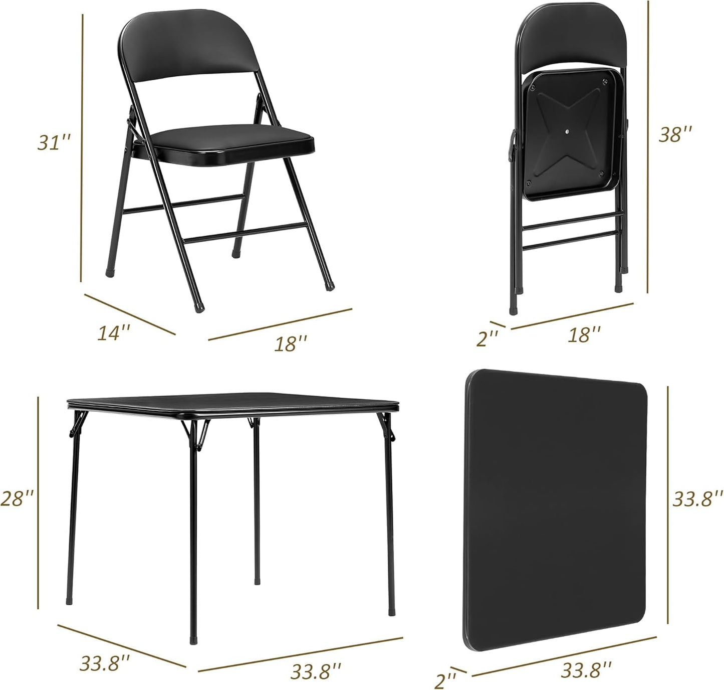 VECELO Folding Card Table and Chair Set of 5 Portable with Padded Tabletop, No Assembly Required, Black