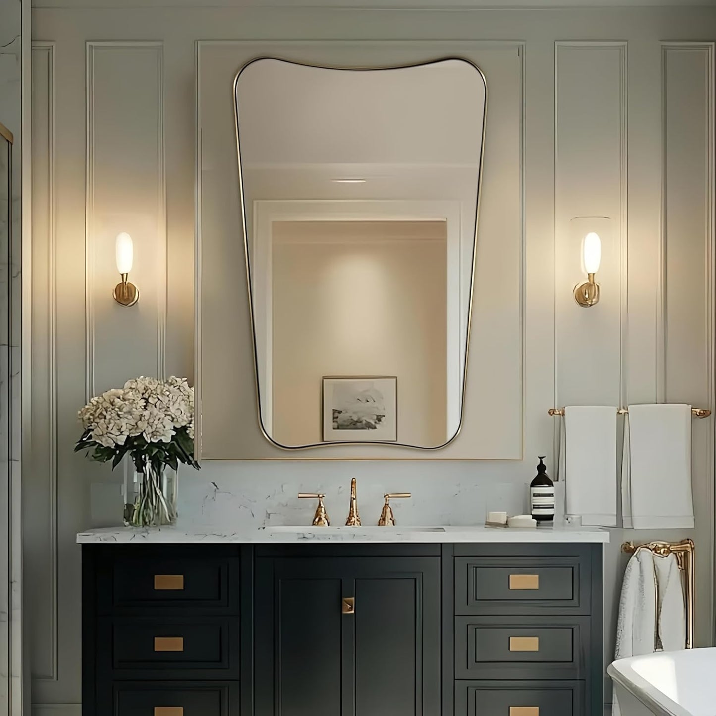 ANDY STAR Gold Vanity Mirror, 26x38 Inch Brushed Gold Asymmetrical Wall Mirror, Antique Brass Bathroom Mirror in Anti-Rust Stainless Steel Metal Frame, Large Decorative Mirror, Butterfly Shape