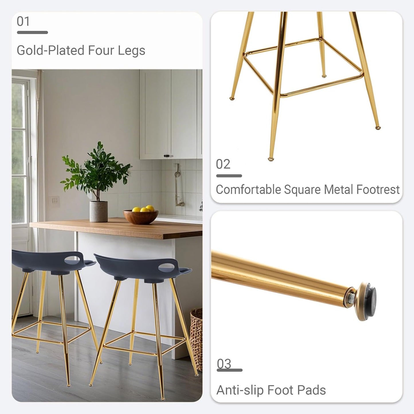 Sidanli Black Bar Stools, Barstool Set of 2, Counter Height Chairs with Gold Metal Legs, Island Chairs with Leather Cushion Seats & Footrests, 26” Bar Stools for Kitchen Island, Home Bar