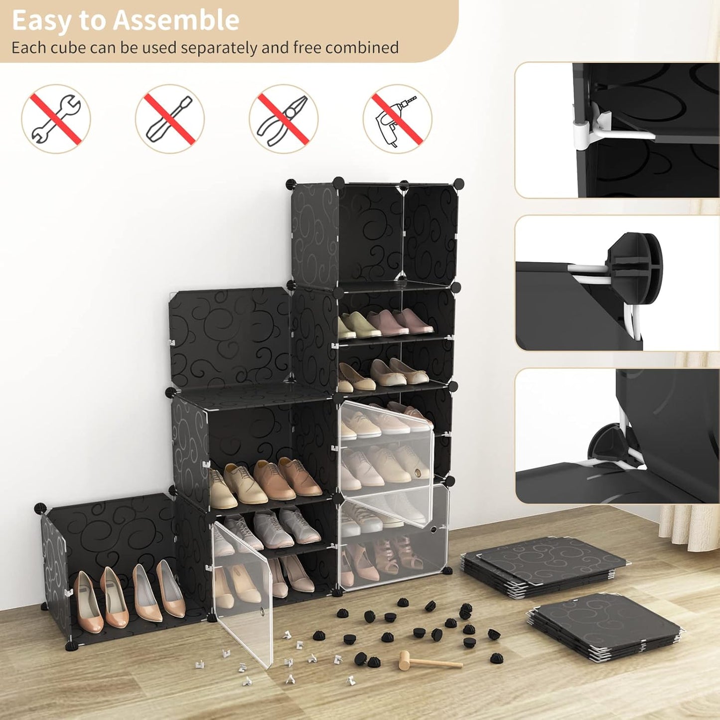 Portable Shoe Rack with Door, 64 Pairs Cabinet Easy Assembly, Plastic Adjustable Shoe Storage Organizer Stackable Detachable Free Standing DIY Expandable 8 Tier Black