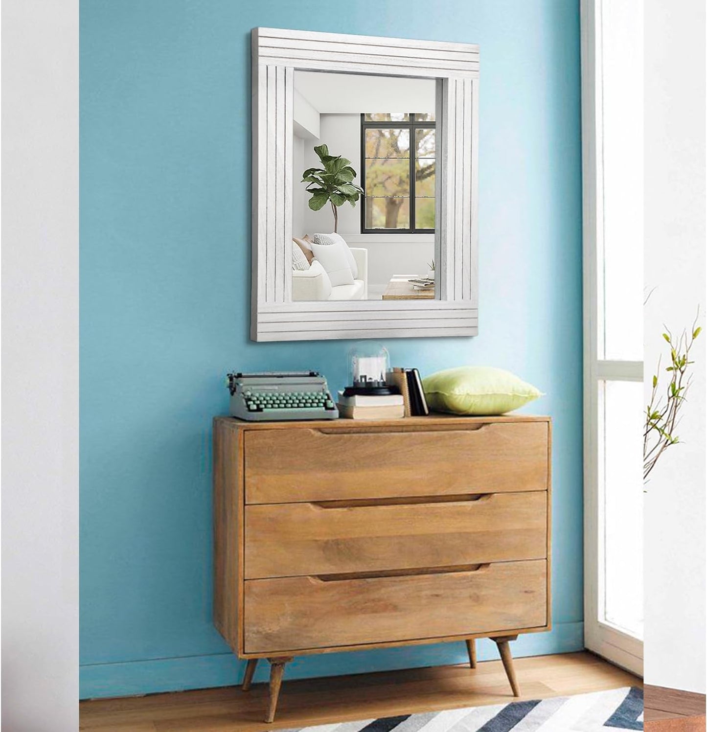 Rustic Mirror for Wall Wooden Frame Rectangular Antique Wall Mirror Decor Farmhouse Bedroom Dresser Bedroom Entryway Mirror Large White 20" x 16"