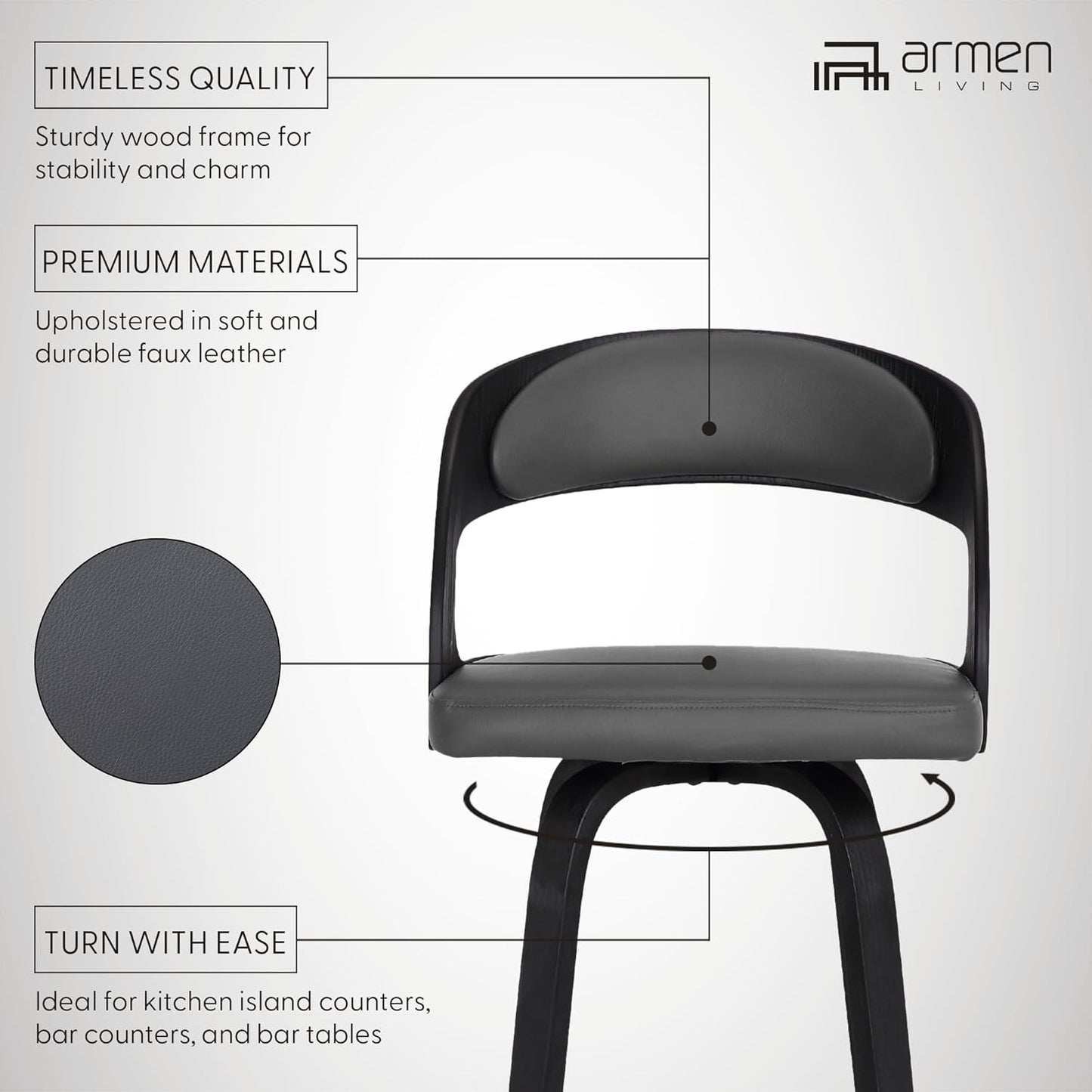 Armen Living Shelly 30" Bar Height Swivel Gray Faux Leather and Black Wood Bar Stool - Set of 2