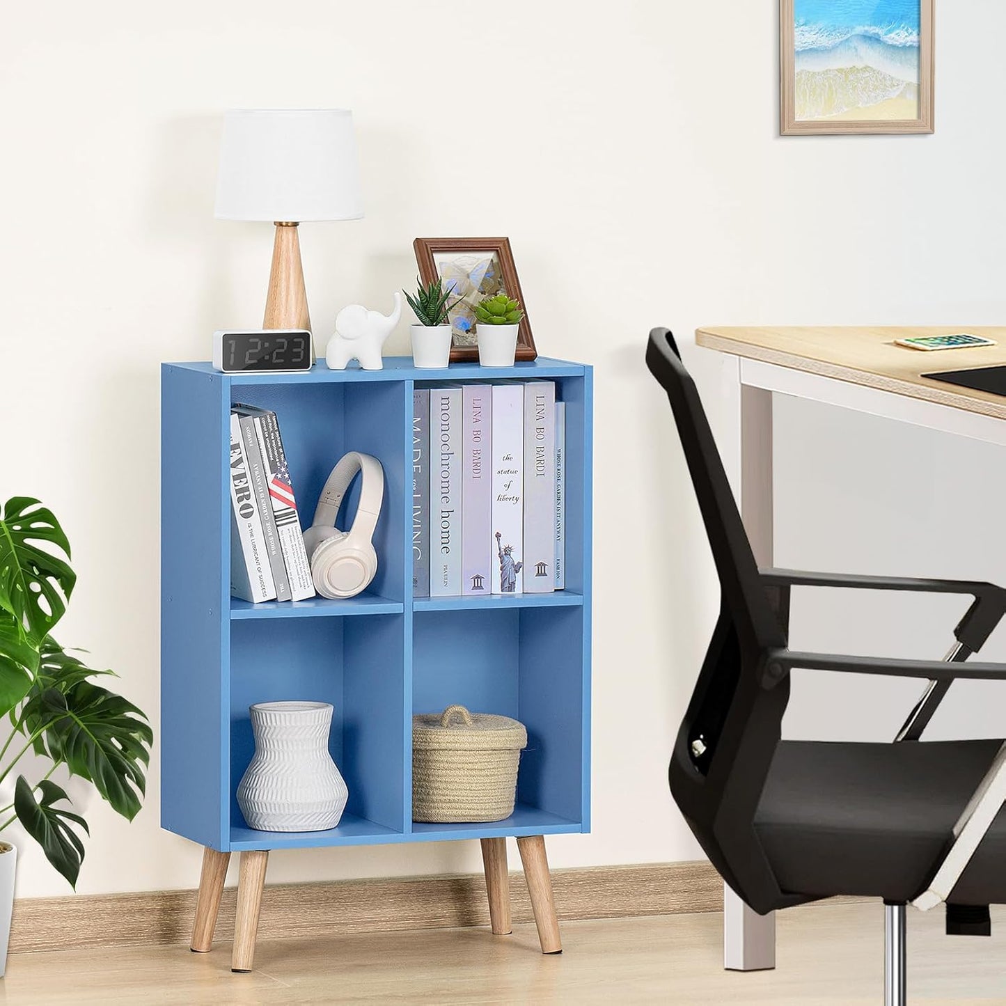 YAHARBO 4 Cube Bookshelf, Blue Small Kids Book Shelf with Cubby Storage,Wooden Modern Bookcase with Legs,2 Tier Freestanding Display Book Case Organizer,Bookshelves for Office,Nursery,Playroom