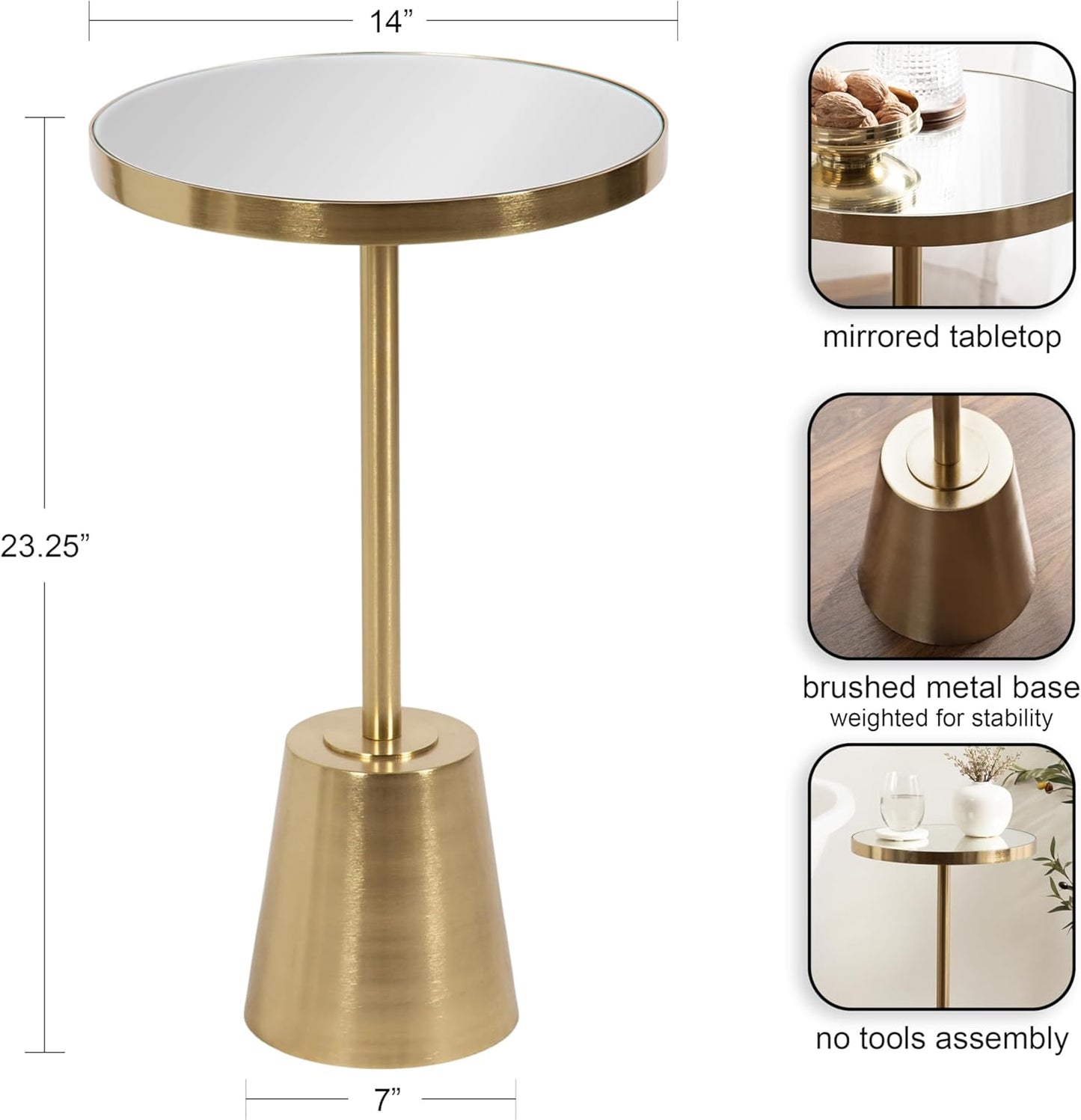 Kate and Laurel Tira Elegant Round Mirrored Side Table, 14 x 14 x 24, Gold, Modern Glam Circle End Table for Use as Bedroom Nightstand or Living Room Plant Stand Table