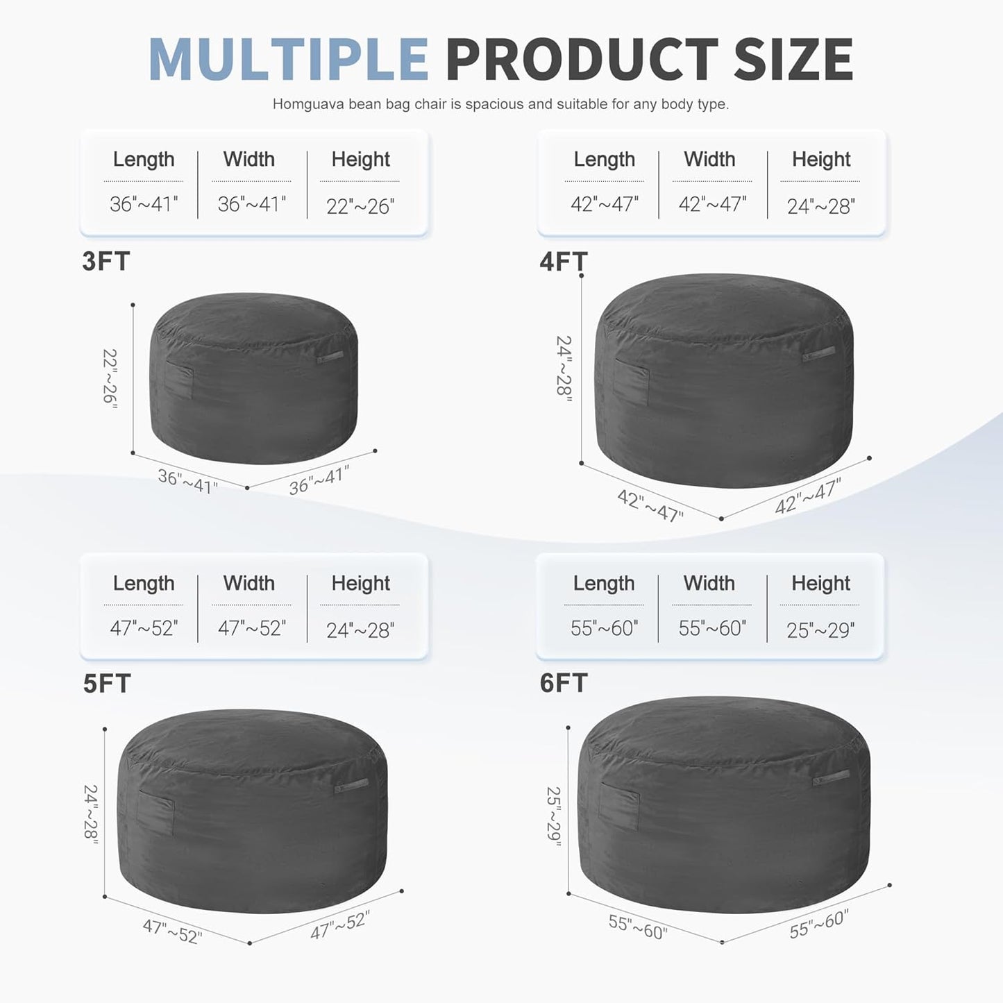 Homguava 6FT Bean Bag Chair Giant BeanBag with Memory Foam Filled, Large Bean Bag Chairs for Adults, Adult Bean Bag Chair with Dutch Velvet Cover for Living Room Bedroom-Grey