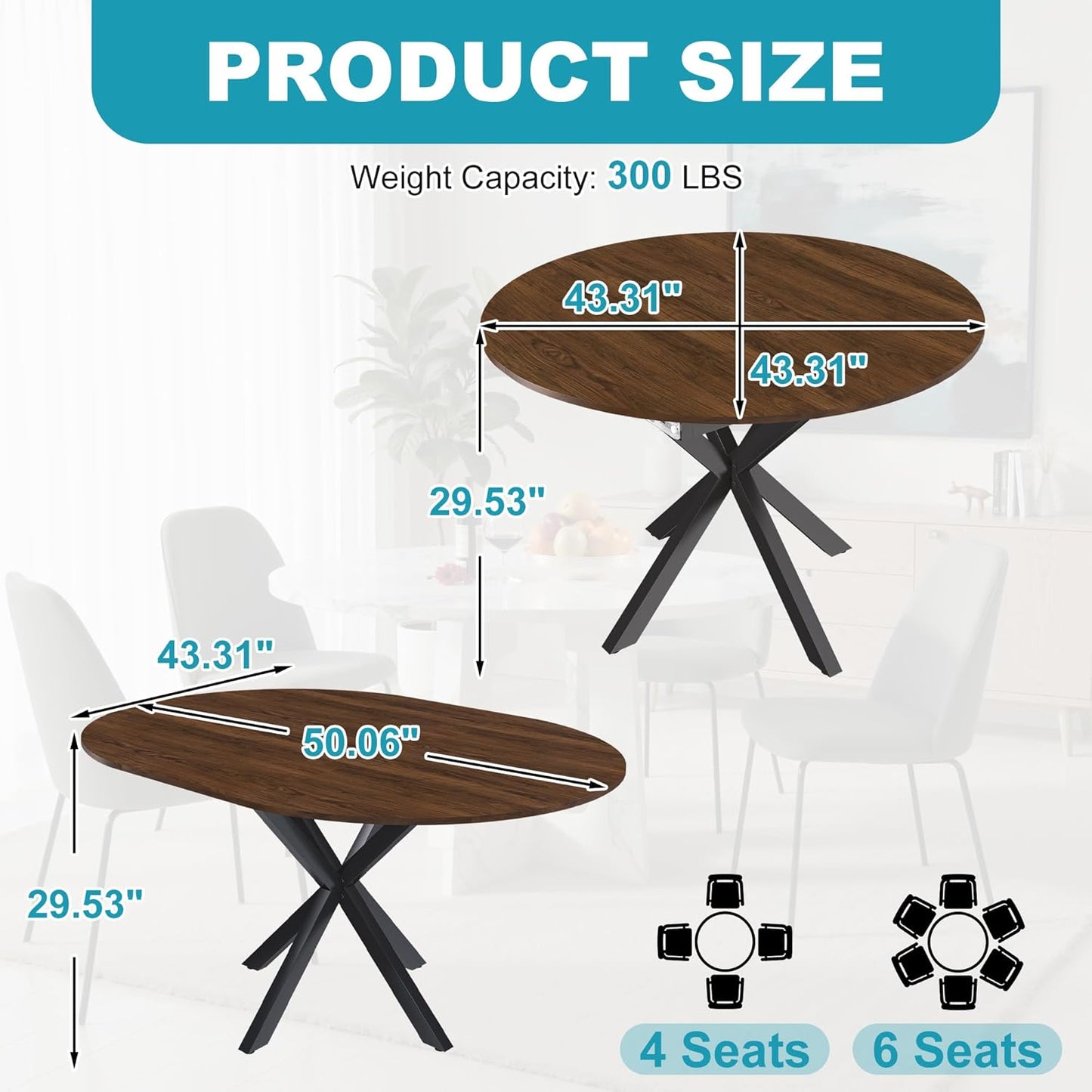 43"- 59" Extendable Dining Table for 4-6, Retractable Round Dinner Table Wood Oval Kitchen Tables Farmhouse Steel Base Dining Room Tables for Small Space, Kitchen, Living Room, Walnut