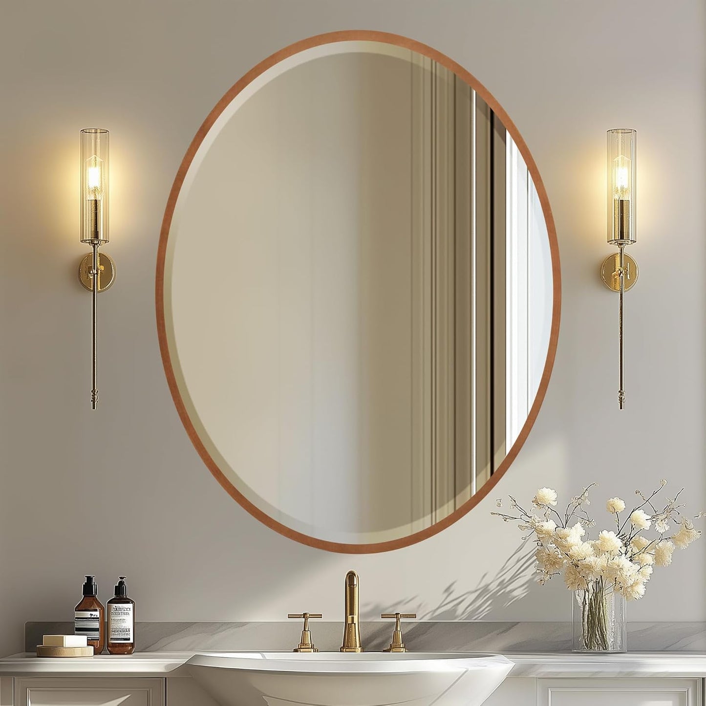 OVALCREST - Oval Wooden Beveled Wall Mirror for Home Decor, Bathroom, Vanity, Bedroom, Living Room, Hallway - London Style (Sunset Gold) 25.1 x 31.1