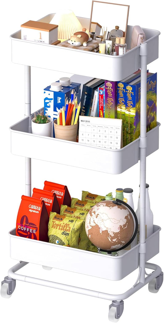 TECBOT 3 Tier Metal Rolling Cart with Wheels, Utility Storage Cart with Handle and Lockable Casters, Storage Basket Organizer Shelves, Easy Assemble for Kitchen, Living Room, Office, Nursery, White