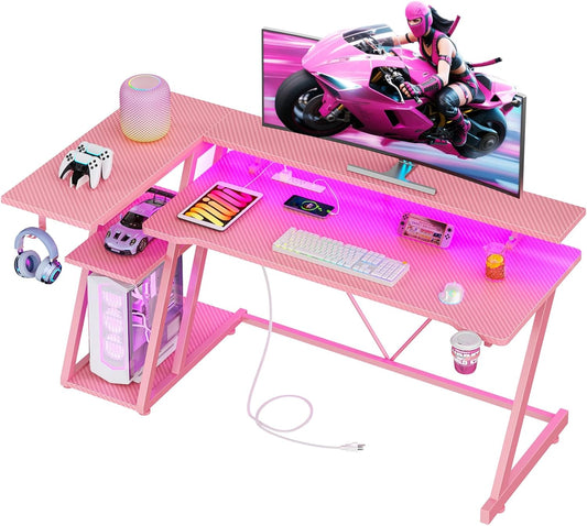 55 Inch Pink Gaming Desk with Power Outlet & LED Lights, Corner Computer Desk with 3 Tiers Storage Shelves, L Shaped Gaming Desk with Monitor Stand for Bedroom