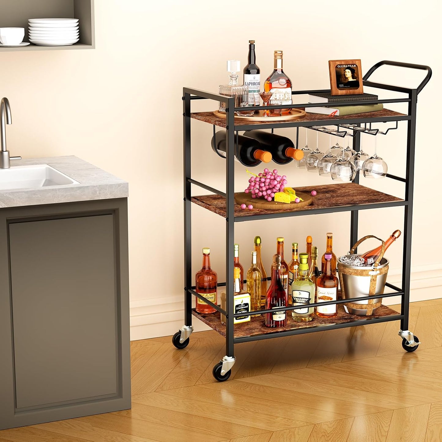 Bar Cart, Home Bar Serving Cart, 3-Tier Drink Cart with Wine Rack, Glass Holder, Wine cart with One-Piece Wood Shelves, Rolling Bar Cart for Kitchen, Dining Room, Living Room, Rustic Brown
