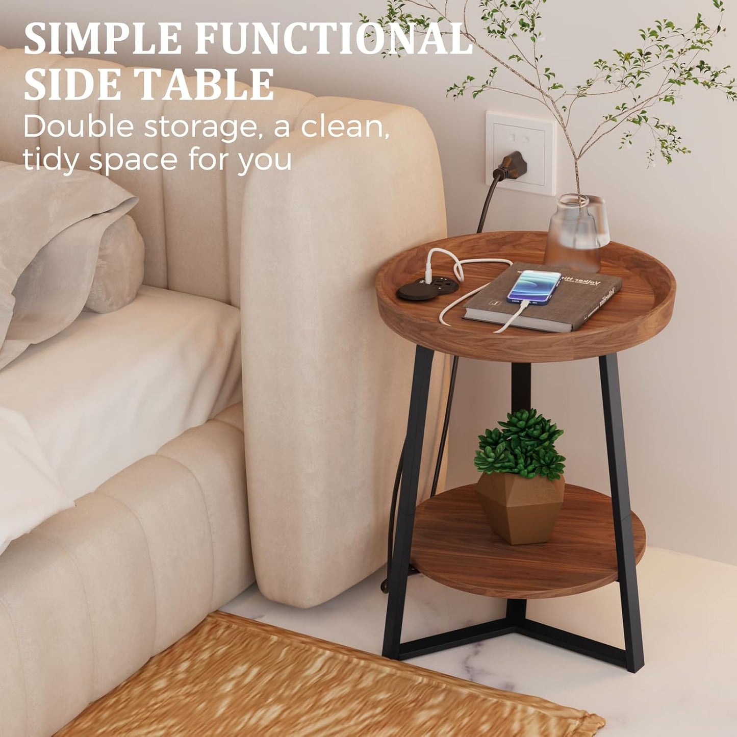 Gadroad Round End Table with Charging Station, USB Ports, Wood Tabletop & Black Metal Frame, 2-Tier Side Table for Living Room, Bedroom, Brown 15.7 * 15.7 * 23.0inches