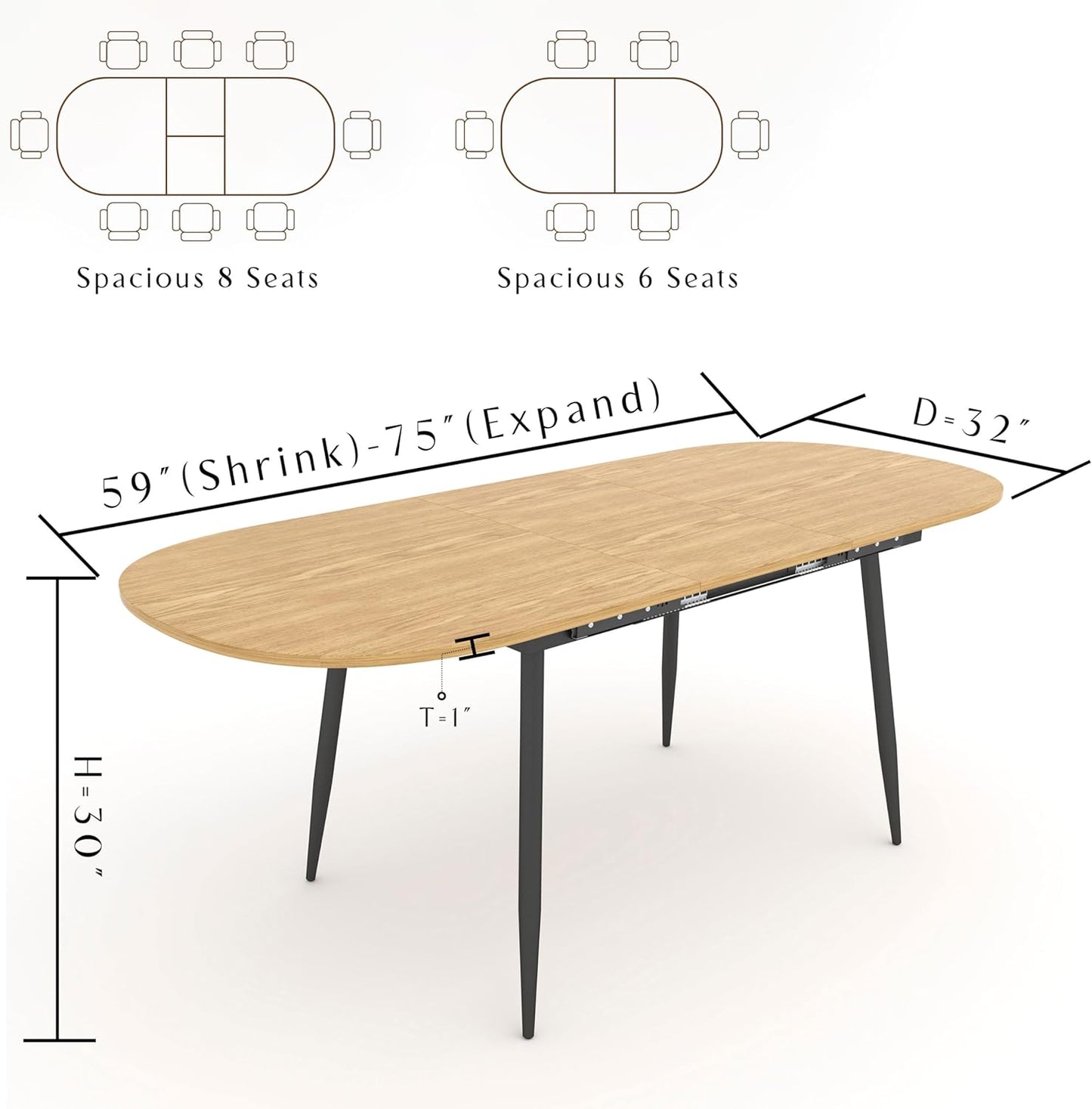 75" x 32" Extendable Dining Table - Oval Wooden Table Top with Metal Legs, Space-Saving Extendable 59" to 75" Dining Kitchen Table (Oval, Natural)