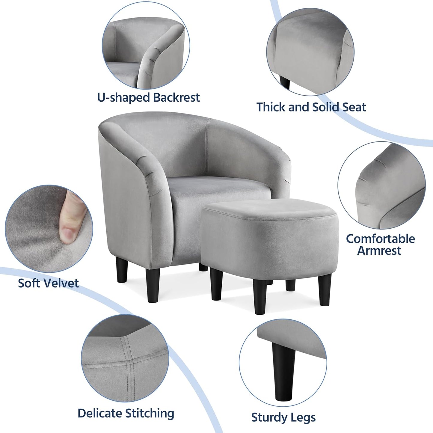 Yaheetech Accent Chair with Ottoman Set, Modern Upholstered Soft Barrel Chair with Footstool, Comfy Fabric Armchair and Footrest for Living Room/Bedroom/Reading Room/Guestroom, Gray