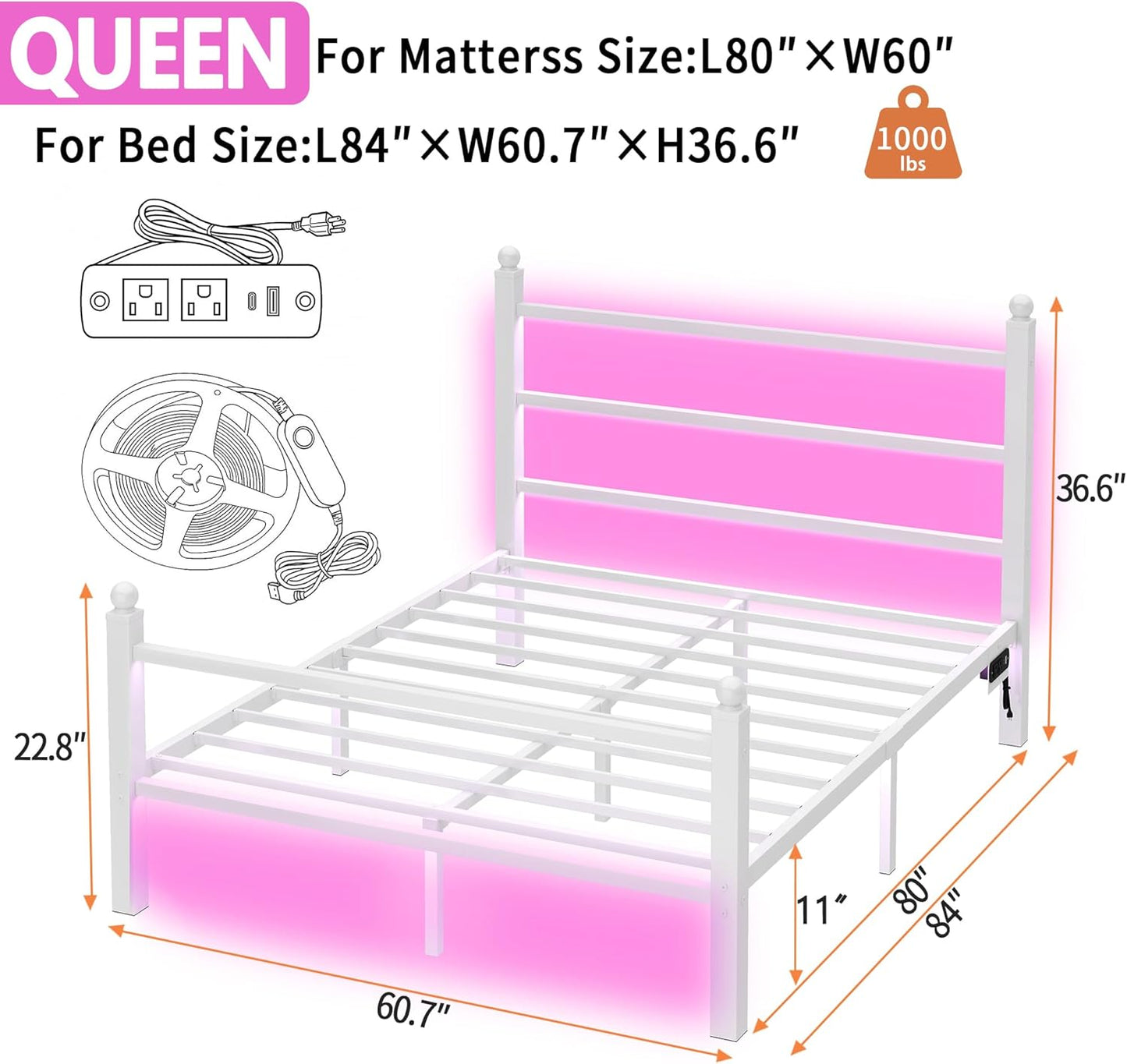 Queen Bed Frame with Headboard and Footboard,Steel Slats Support-LED Bed Frame with USB Charging Station,Mattress Foundation-Under Bed Storage,No Box Spring Needed,Noise Free,White