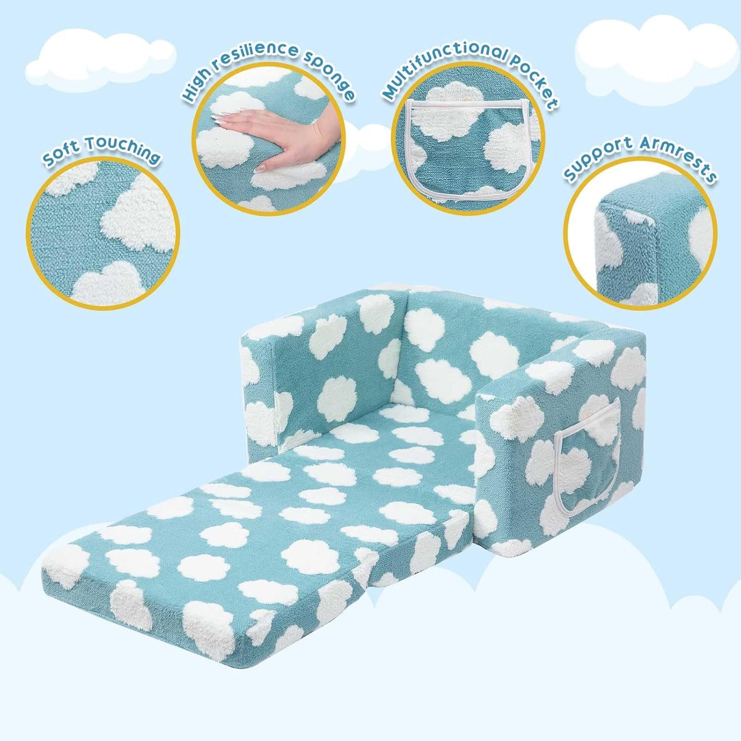 ALIMORDEN Kids 2-in-1 Flip Out Ultra-Soft Snuggle Foam Filled Chair, Blue