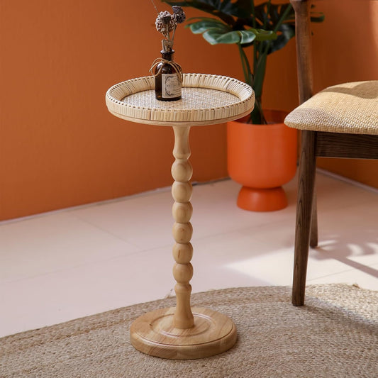 Drink Table，Rattan Round Small Side Table for Small Spaces, Boho Circle End Table Coffee Table with Solid Wood Leg for Living Room, Pedestal Table for Bedroom, Corners
