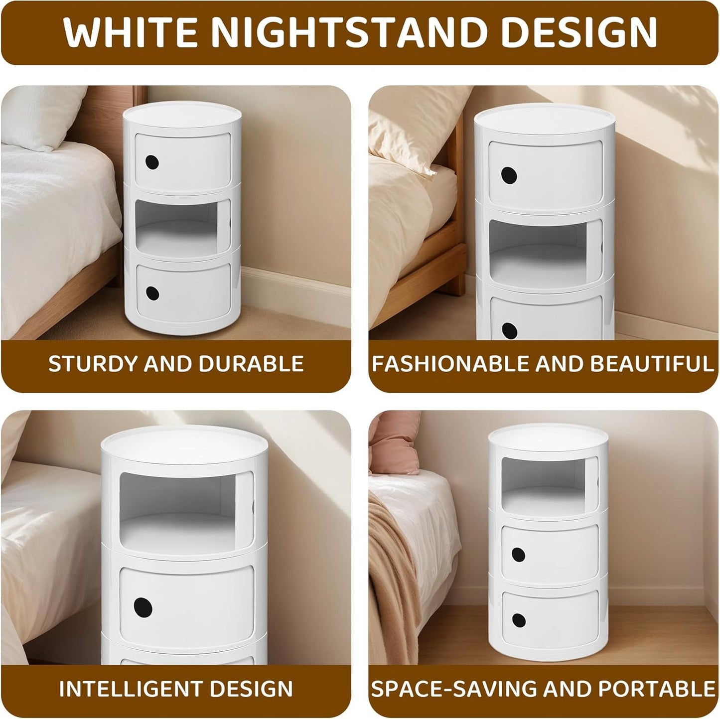 3 Tier Round with Storage, Modern Style Side Table, Multifunctional End Table Storage Cabinet for Living Room, Bedroom, Bathroom (White)