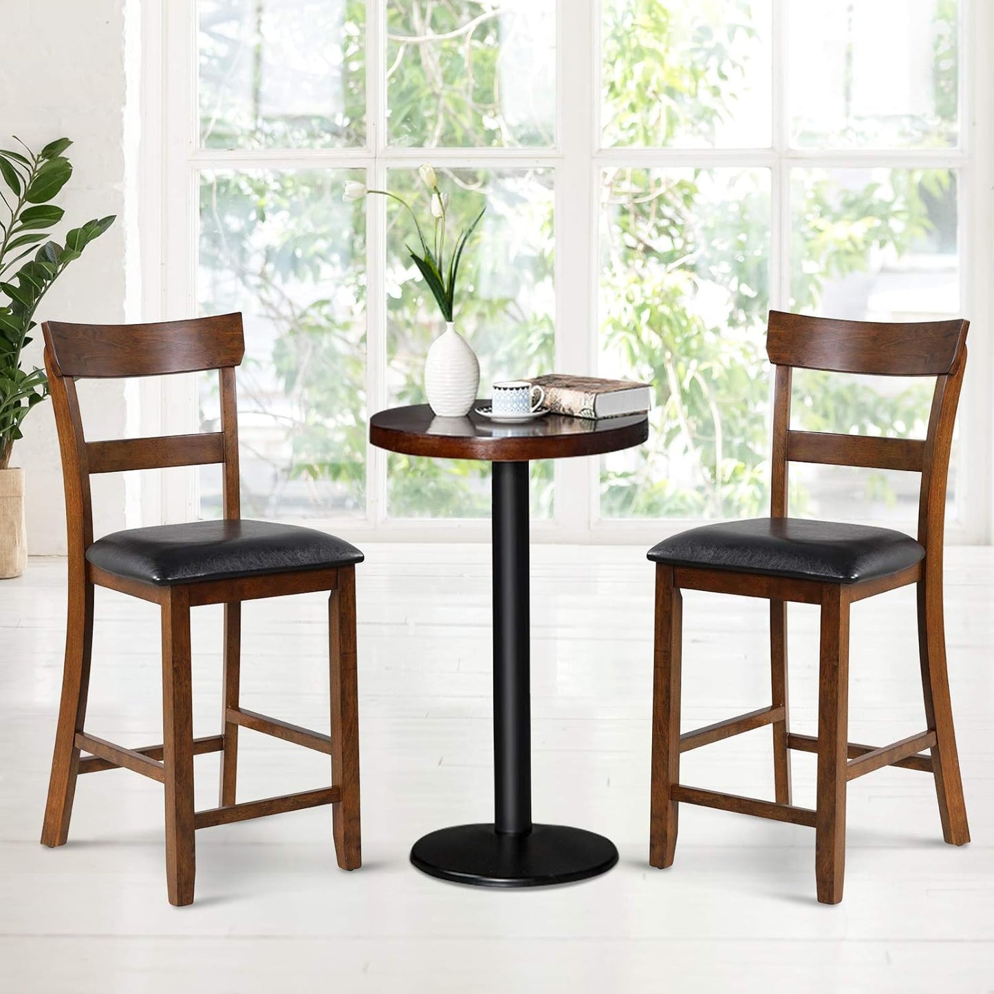 COSTWAY Bar Stools Set of 2, 25.5-Inch Counter Height Chair with Backrest, Foam-Padded Cushion, Rubber Wood Legs, Wooden Vintage Dining Chair for Bistro, Living Room, Kitchen, Brown and Black