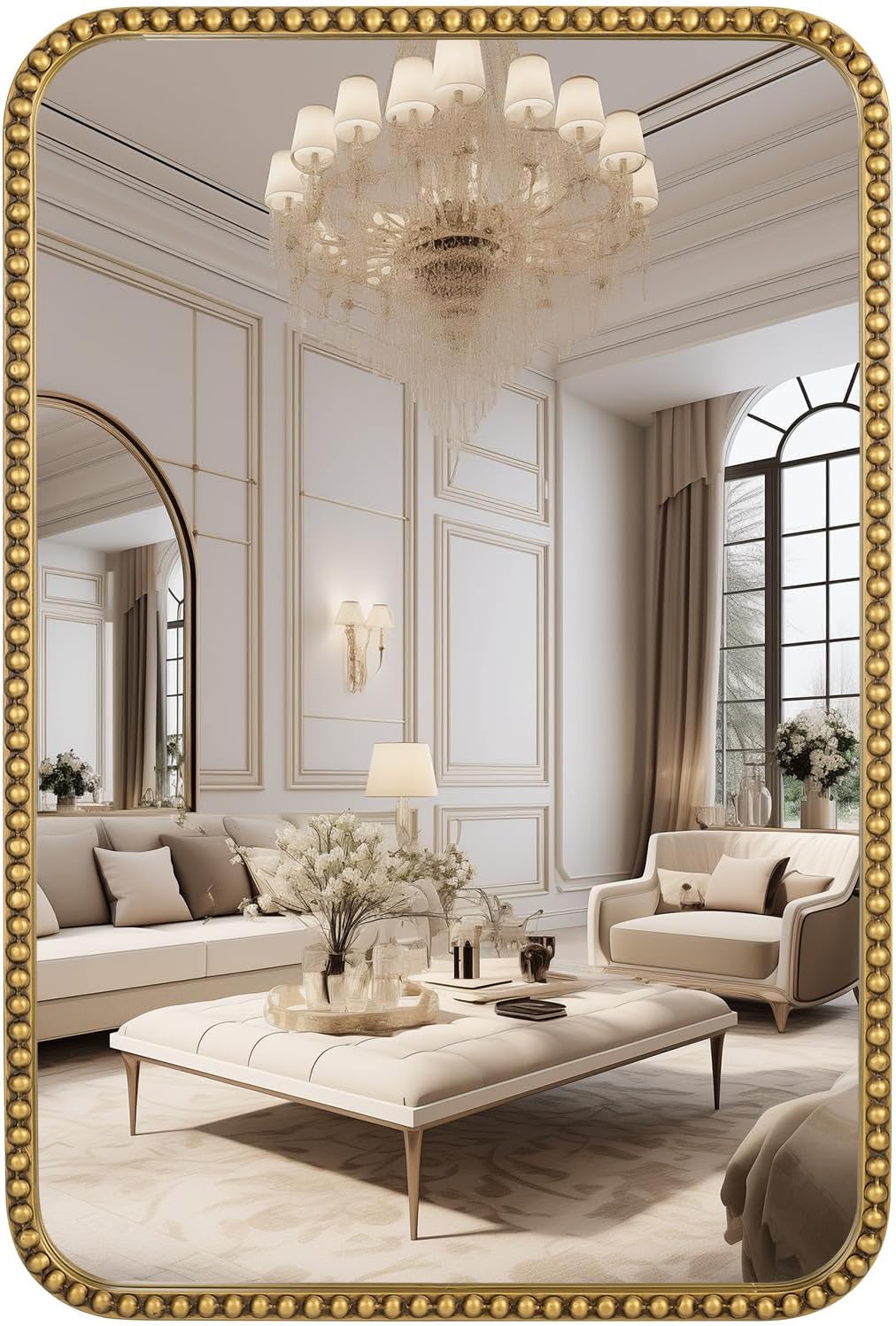Wall Mirror for Bathroom - 20"x30" Rectangle Rounded Corner Beaded Frame Mirror, Large Vanity Mirror Hangs Horizontal or Vertical, Antique Gold