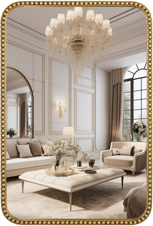 Wall Mirror for Bathroom - 20"x30" Rectangle Rounded Corner Beaded Frame Mirror, Large Vanity Mirror Hangs Horizontal or Vertical, Antique Gold