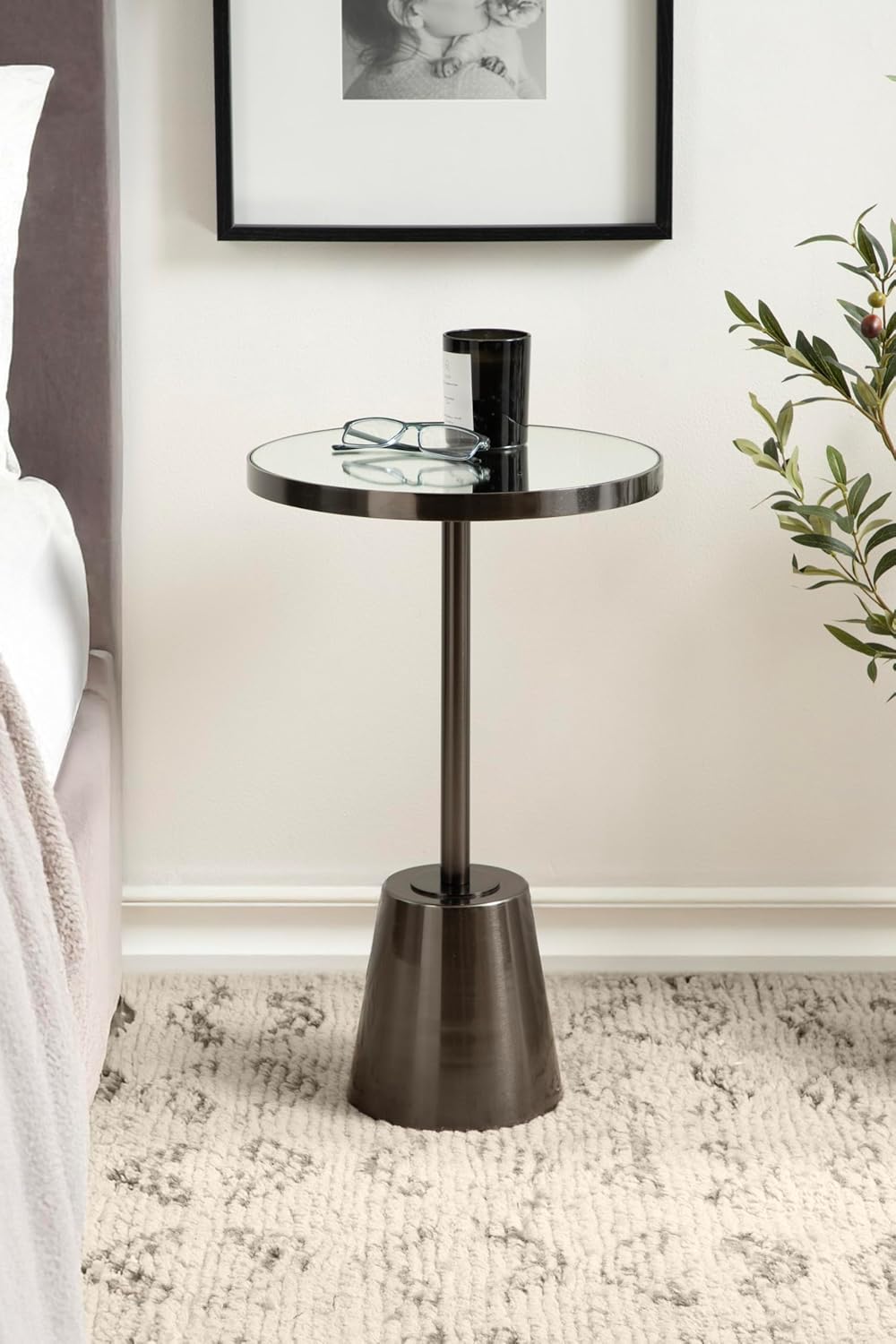 Kate and Laurel Tira Elegant Round Mirrored Side Table, 14 x 14 x 24, Gray Gunmetal, Modern Circle End Table for Use as Bedroom Nightstand or Living Room Plant Stand Table