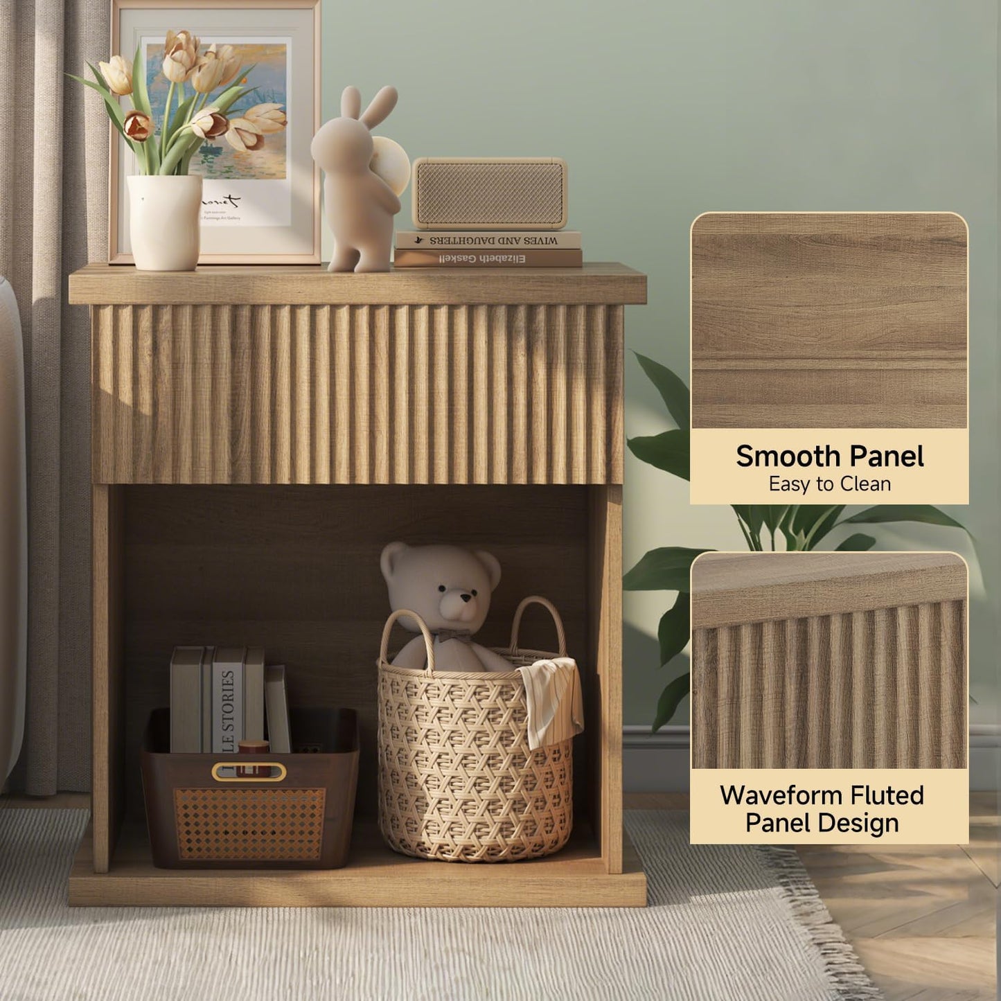 Fluted Nightstand, 22.8" Wide Nightstands with Drawer Storage Large Wood BedsideTable Night Stand for Bedroom, Natural Oak