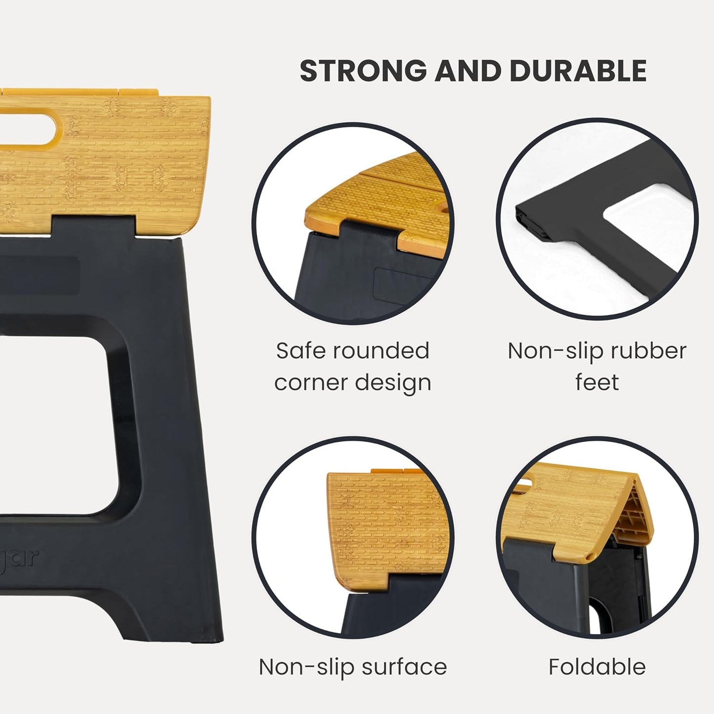 Vigar Compact Step Stool Foldable, 12-1/2-inch Step Stools for Adults up to 330 Pound, Lightweight Stool, Non-Slip Folding Step Stool, Black, Bamboo Print on Top