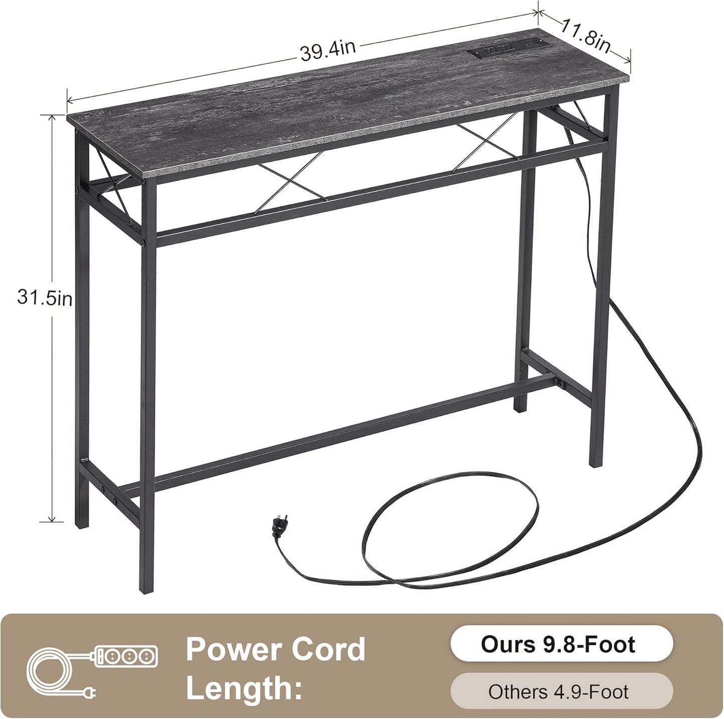 VECELO 39.4In Narrow Sofa/Console Table with Charging Station & Power Outlet and USB Ports, for Entryway, Living Room, Office, Industrial, Metal Frame, 2 Pack, Dark Grey