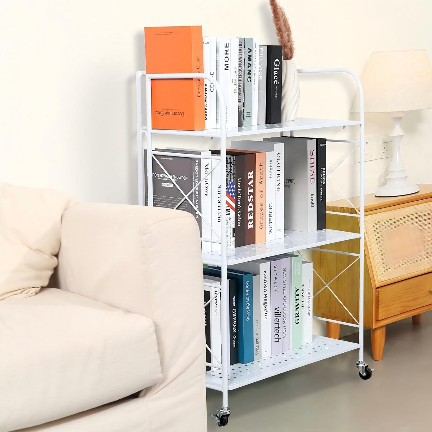 Foldable 3-Tier Metal Shelf with Wheels - Folding Bookshelf Unit for Living Room, Kitchen, Study 12.6" D x 23.6" W x 33.8" H, Glossy White