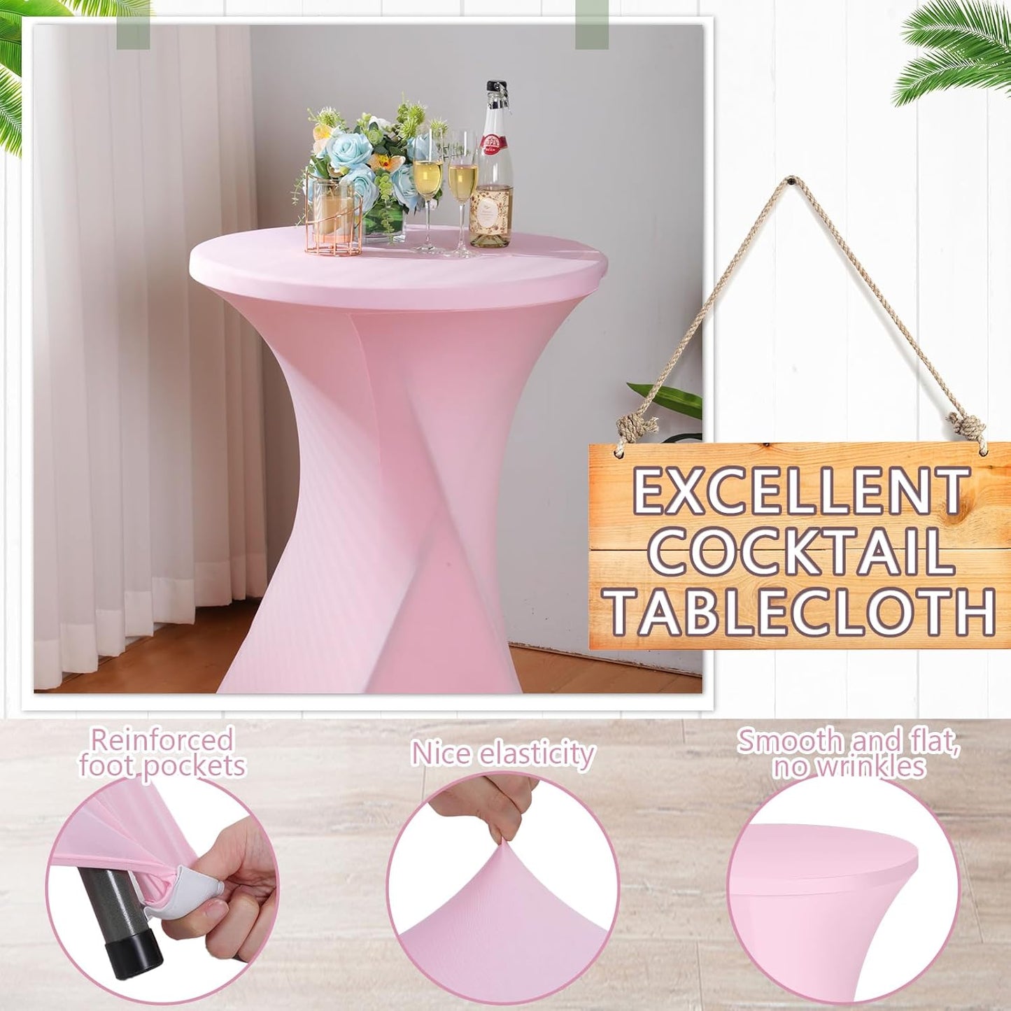 Wenqik 2 Sets 32" High Top Round Folding Cocktail Tables White Bar Height with Removable Legs & 32"x43" Spandex Stretch Table Covers (Pink)