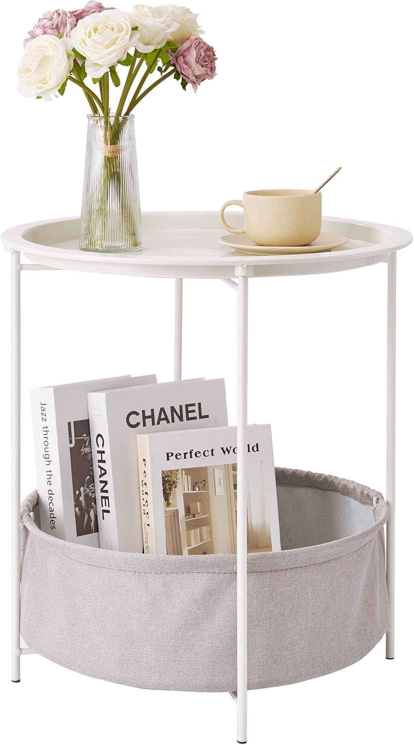 VECELO Round Side/End Table with Fabric Storage Basket，Metal Anti-Rust and Waterproof Small Bedside Nightstand with Removable Tray Top for Living Room，Balcony & Laundry，Beige/1pcs with Basket