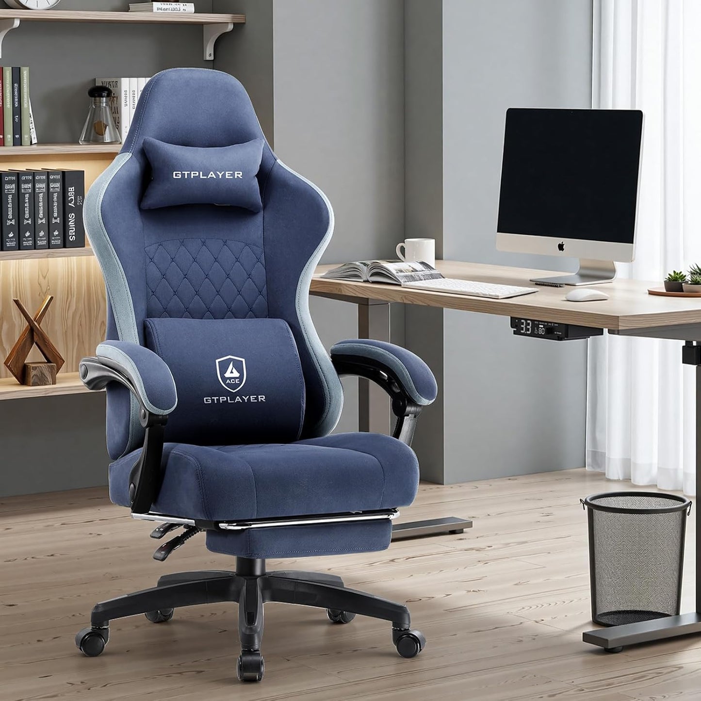 GTPLAYER Office Chair, Gaming Computer Desk Fabric Chair with Footrest, High Back Ergonomic Office Chair with Pocket Spring Lumbar Support and Linkage Armrests Adjustable Height Swivel for Home Task